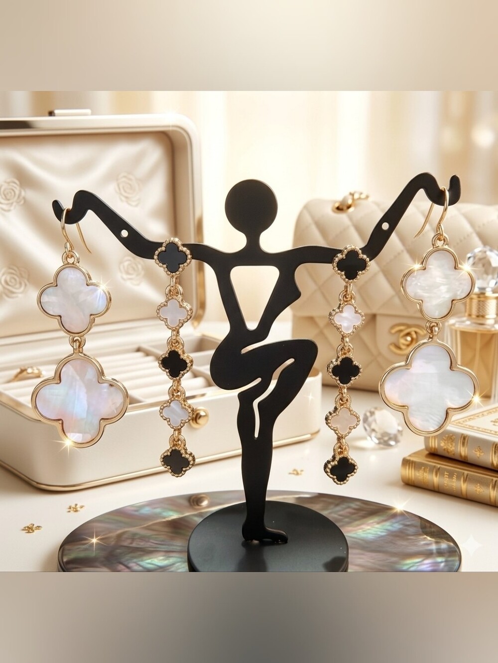 2 Pair KS inspired Elegant Gold Black Pearl Clover Earrings